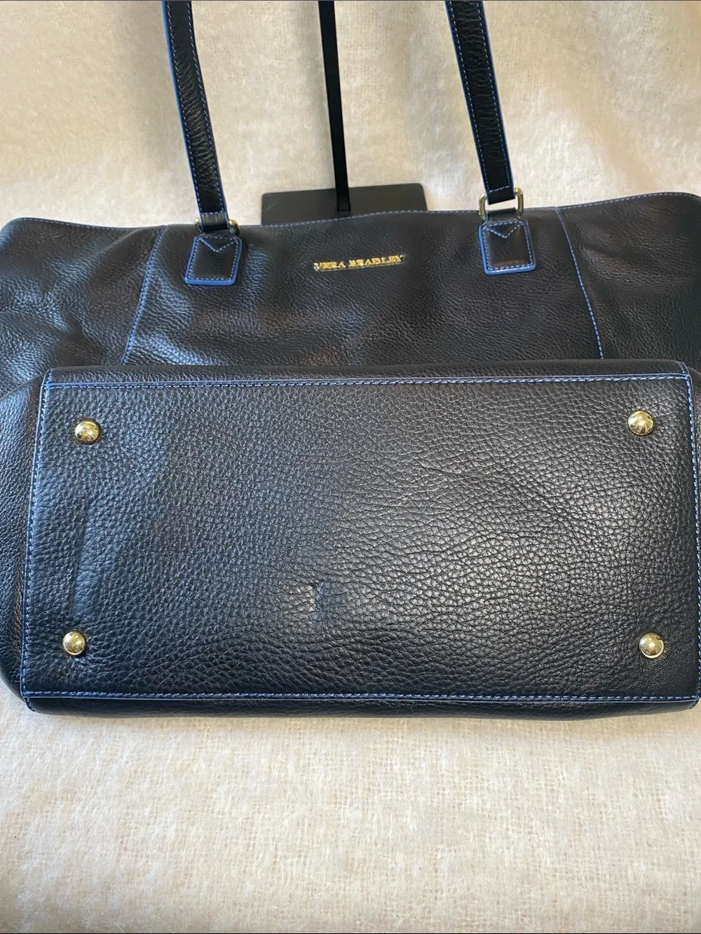 Vera Bradley Black Leather Tote with Blue Trim and Gold Logo